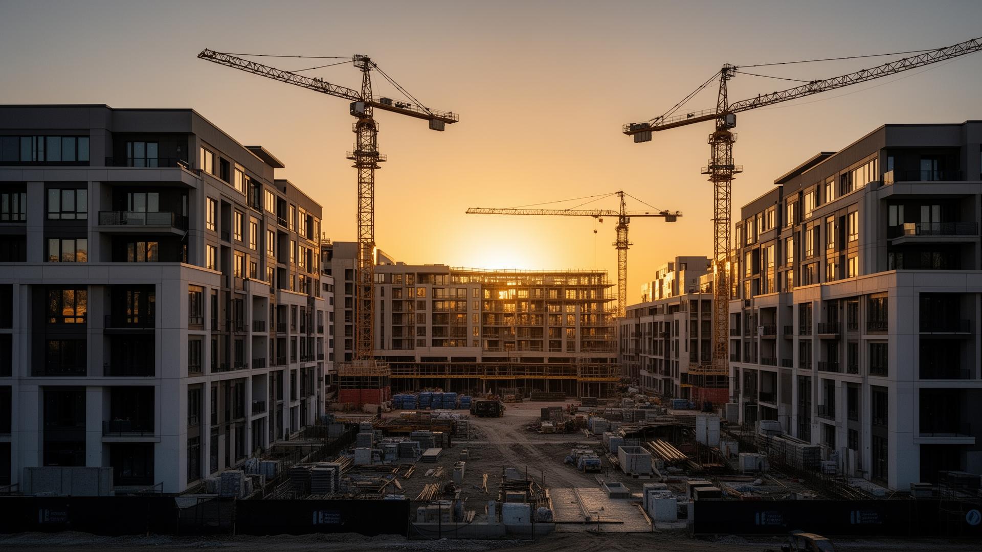 Apartment complex construction at golden hour
